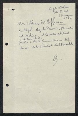 Restauration confiée à Van der Veken (correspondance) sur un Paysage de Roffiaen (inv. xxxxx), en...