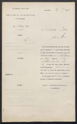 Dossier concernant un tableau de Molenaer, offert en vente par Mr J. Fievet, directeur de la sall...