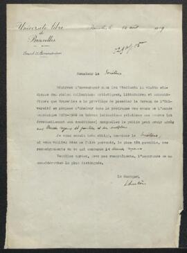 Lettre du recteur de l’Université libre de Bruxelles par laquelle celui-ci demande les heures et ...
