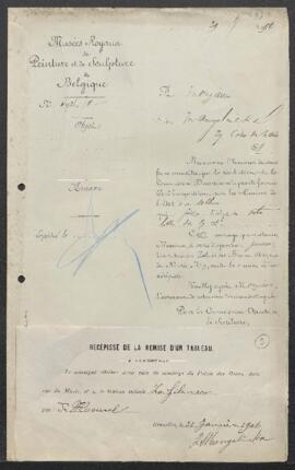 Dossier concernant un tableau attribué à Théodore De Heuvel, La fileuse, offert en vente par Alfr...