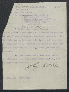 Lettre concernant une demande d’adresse du peintre H. Cassiers émanant de [illisible] (Allemagne,...