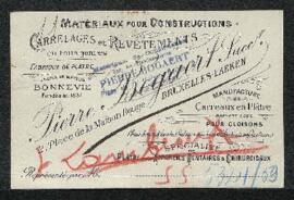 Carte de la firme de matériaux de construction Pierre Bogaert (Bruxelles) portant l’annotation ma...