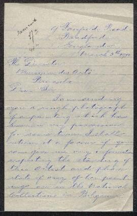 Demande de renseignements de George W. Doe[g ?] (Grande-Bretagne, Bradford) sur l’auteur d’un tab...