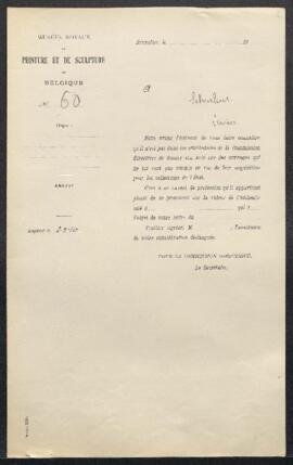 Demande d’estimation émanant de Mr Ed. Schouleur (Verviers), pour un tableau sur bois, Intérieur ...