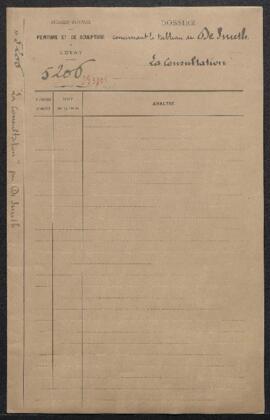 Dossier concernant un tableau de Henricus De Smeth, Une consultation (inv. 4005), taleau ayant fi...