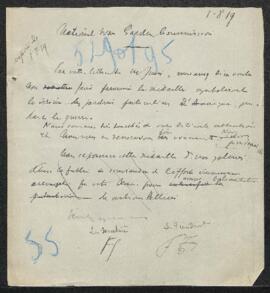 Dossier concernant l’envoi au Musée d’un exemplaire de la médaille frappée en commémoration des W...