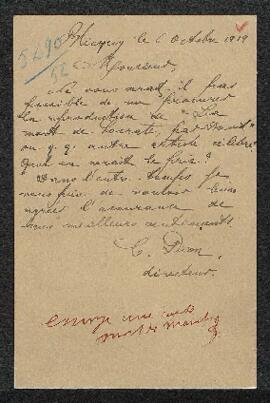 Lettre de C. Dion (Blicquy) par laquelle celui-ci demande une reproduction photographique de La m...