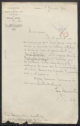 Lettre du ministère des Beaux-Arts signalant la mise en vente à Londres d'un tableau attribué à A...
