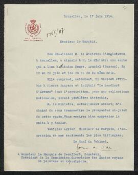 Lettre du ministre des Sciences et des Arts adressée au marquis de Beauffort, président de la com...