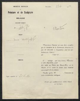 Dossier concernant trois tableaux offerts en vente par Auguste Mouton (Etterbeek) représentant re...