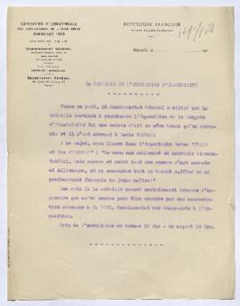 Copie de lettre provenant de l’Exposition internationale des applications de l’électricité Marsei...