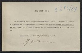 Récépissé d’une œuvre non spécifiée par Mr J. Guillaume.